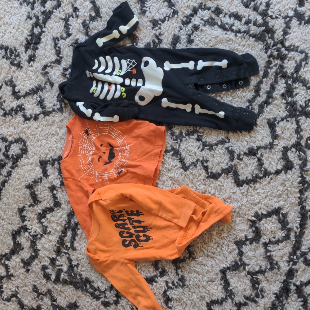 Halloween 9 month lot with skeleton costume and pumpkin long sleeve shirt